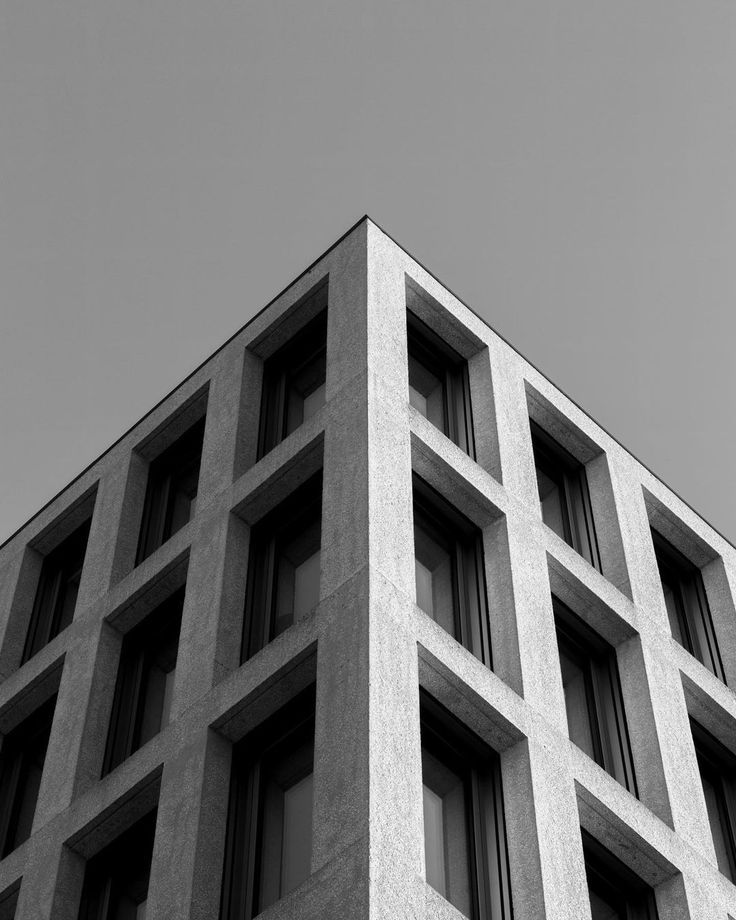 Angular concrete building viewed from below